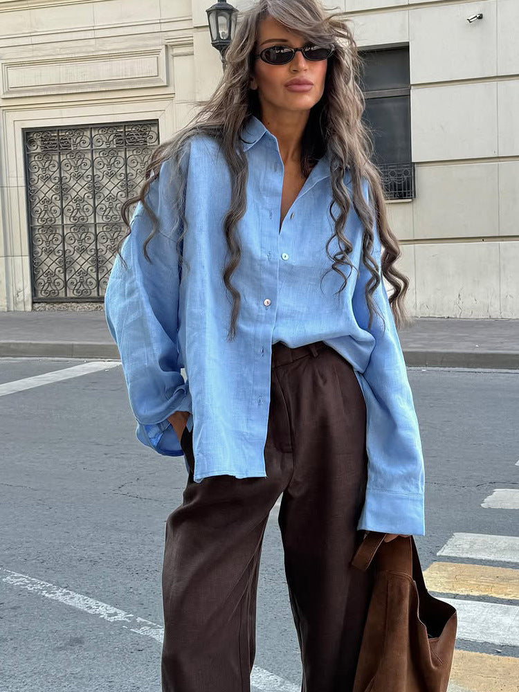 Damen luftige Leinenbluse mit stylischem Knotendetail und langen Ärmeln Drune