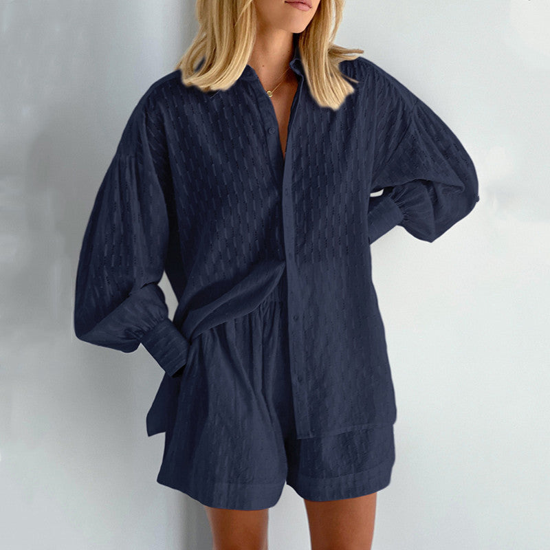 Damen lässiges Hemd-Shorts-Set mit elegantem Webmuster Drune
