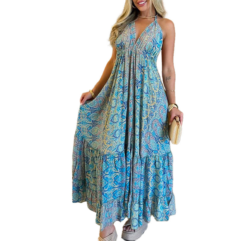 Damen Maxikleid im verspielten Boho-Stil mit tiefem V-Ausschnitt und schwingendem Rock Drune