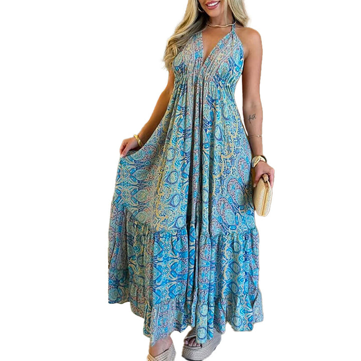 Damen Maxikleid im verspielten Boho-Stil mit tiefem V-Ausschnitt und schwingendem Rock Drune