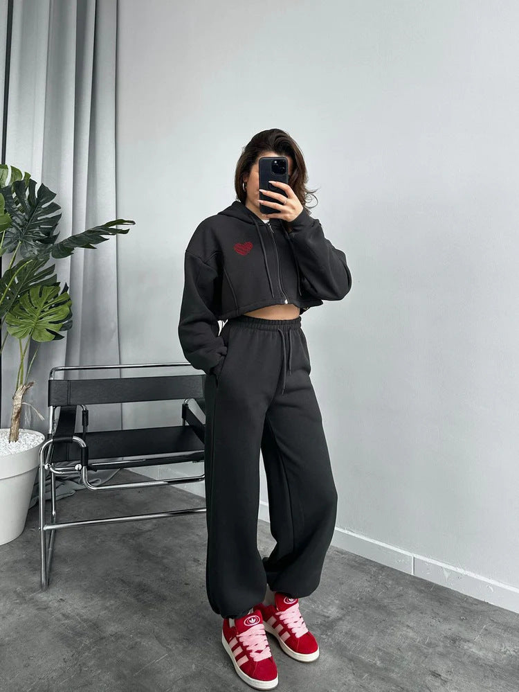 Damen Cropped Kapuzenpullover und hohe Taille Wide-Leg Jogginghose Set Drune