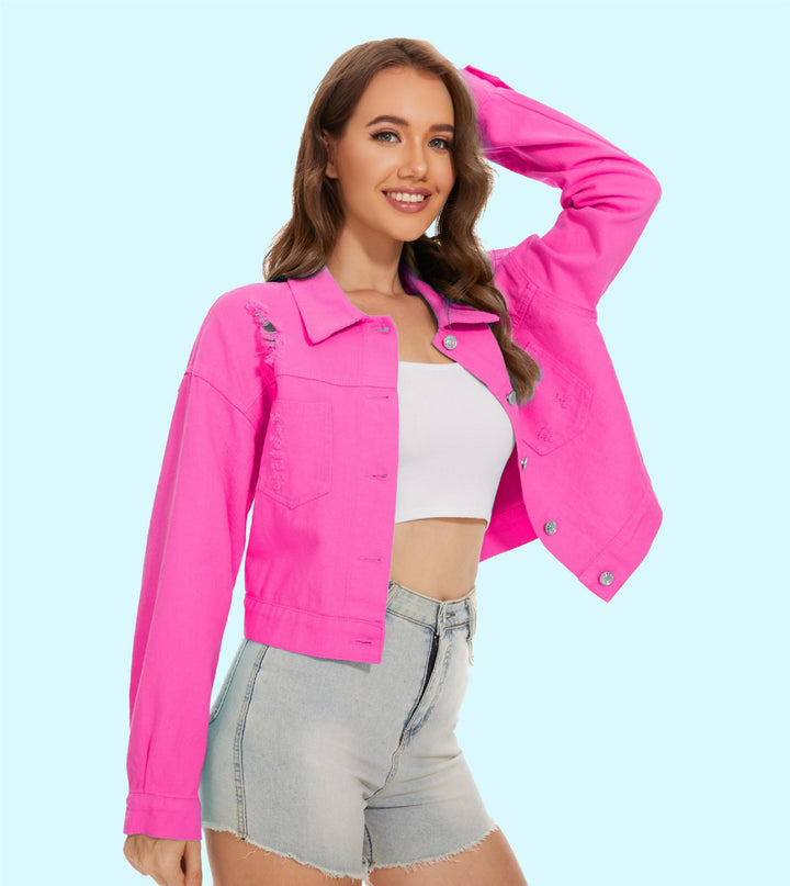 Damen Jeansjacke im lässigen Crop-Style mit fransigen Details Drune