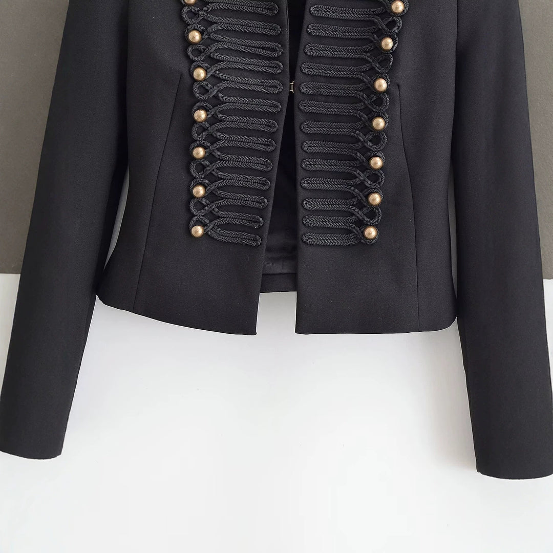 Damen Kastenfreie Militär-Jacke im Cropped‑Schnitt mit Stehkragen und Zierkordel-Detail Drune
