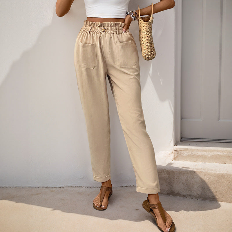 Damen Hochtaillierte Paperbag-Hose mit elastischem Bund, aufgesetzten Taschen & konischem Bein Drune