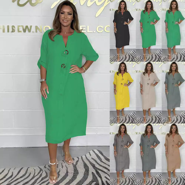 Damen Leinenlook Midi Kleid mit V-Schlitz, Kordelzug und rollbaren Dreiviertelärmeln Drune
