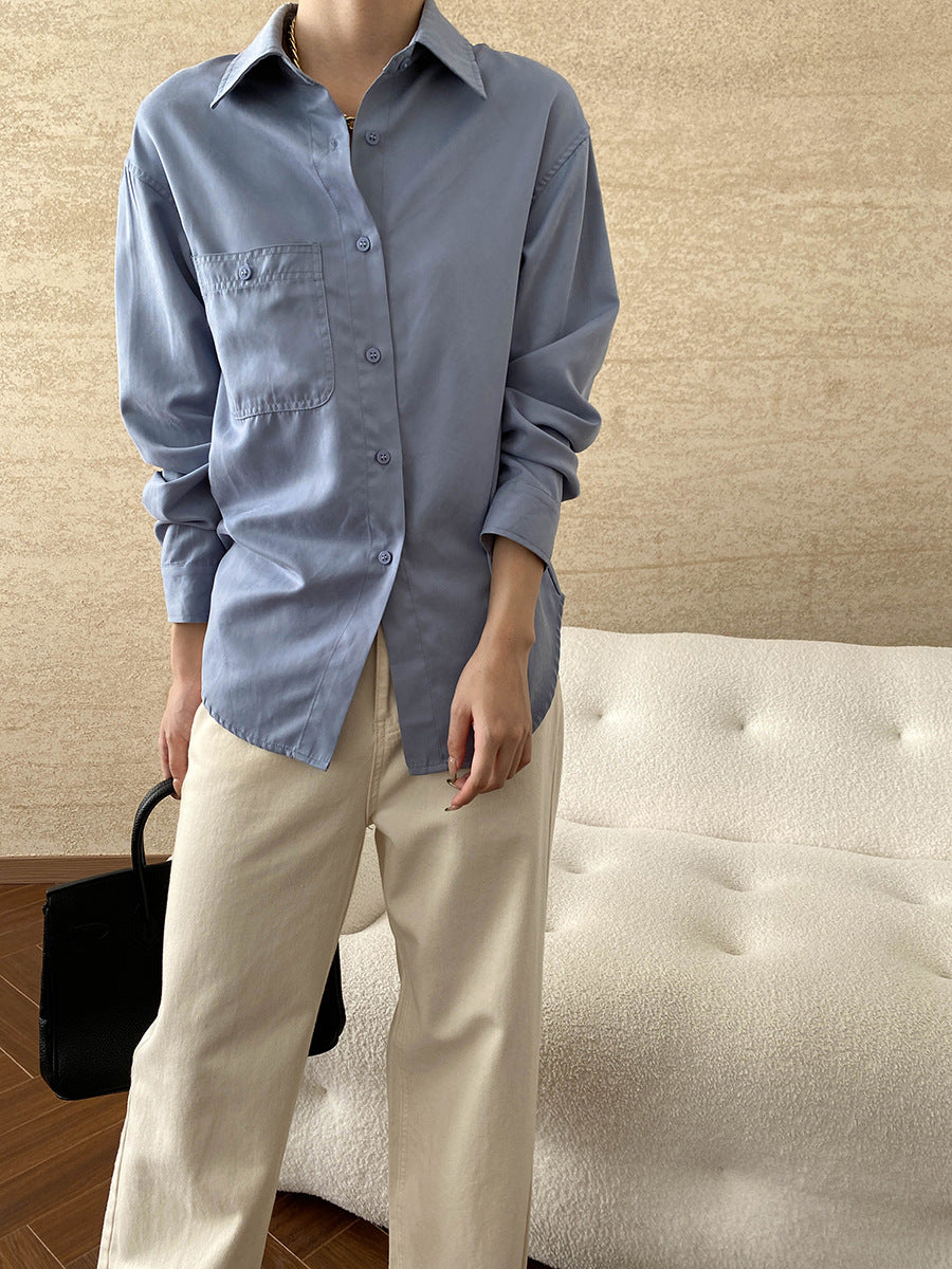 Damen lässige Bluse mit Brusttasche und langen Ärmeln Drune