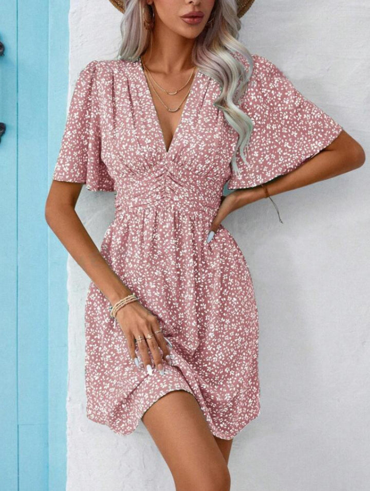 Damen Blumenkleid mit schickem V-Ausschnitt und voluminösen Ärmeln Drune