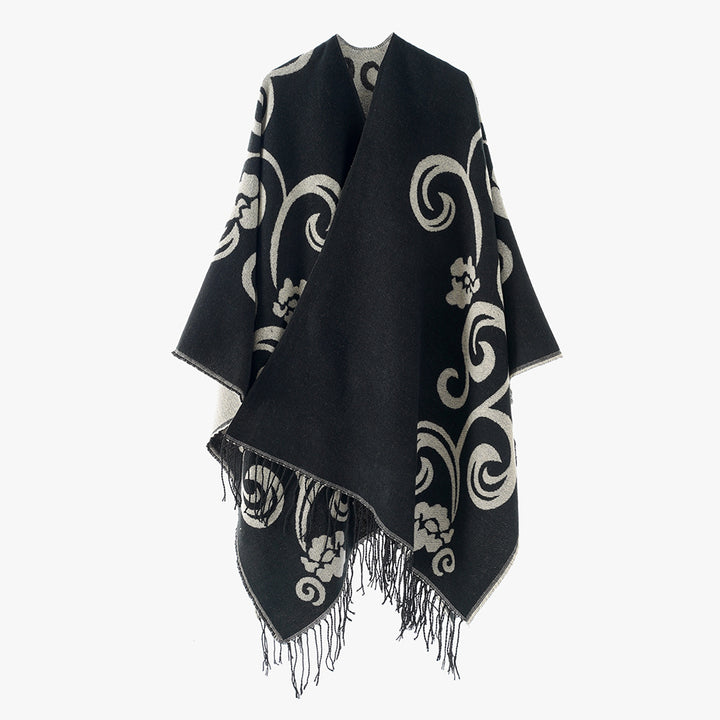Damen Jacquard-Überwurf im Umhangstil mit Wendefunktion und Fransensaum Drune