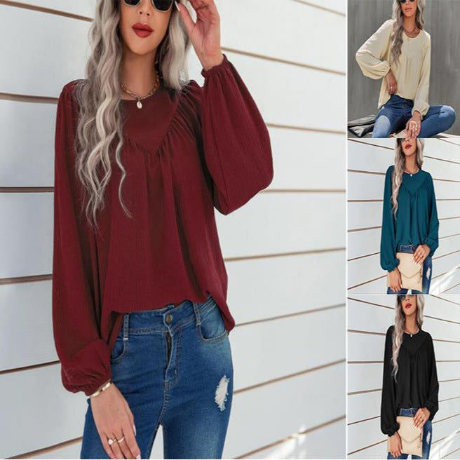 Damen lässiges Blusenshirt mit weit ausgestellten Ärmeln und feiner Rippstruktur Drune