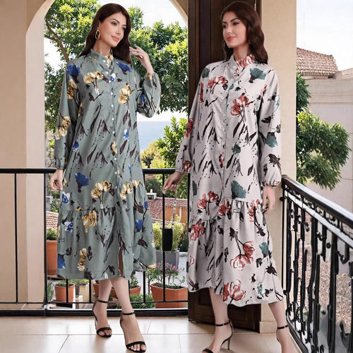Damen Hemdblusenkleid mit Aquarell-Blumenprint, Stehkragen & Stufenrock Drune