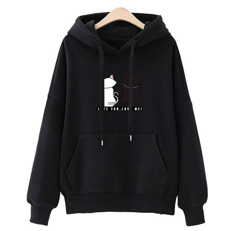 Damen Kapuzenpullover mit Katzen-Print, lockerem Schnitt und Kängurutasche Drune