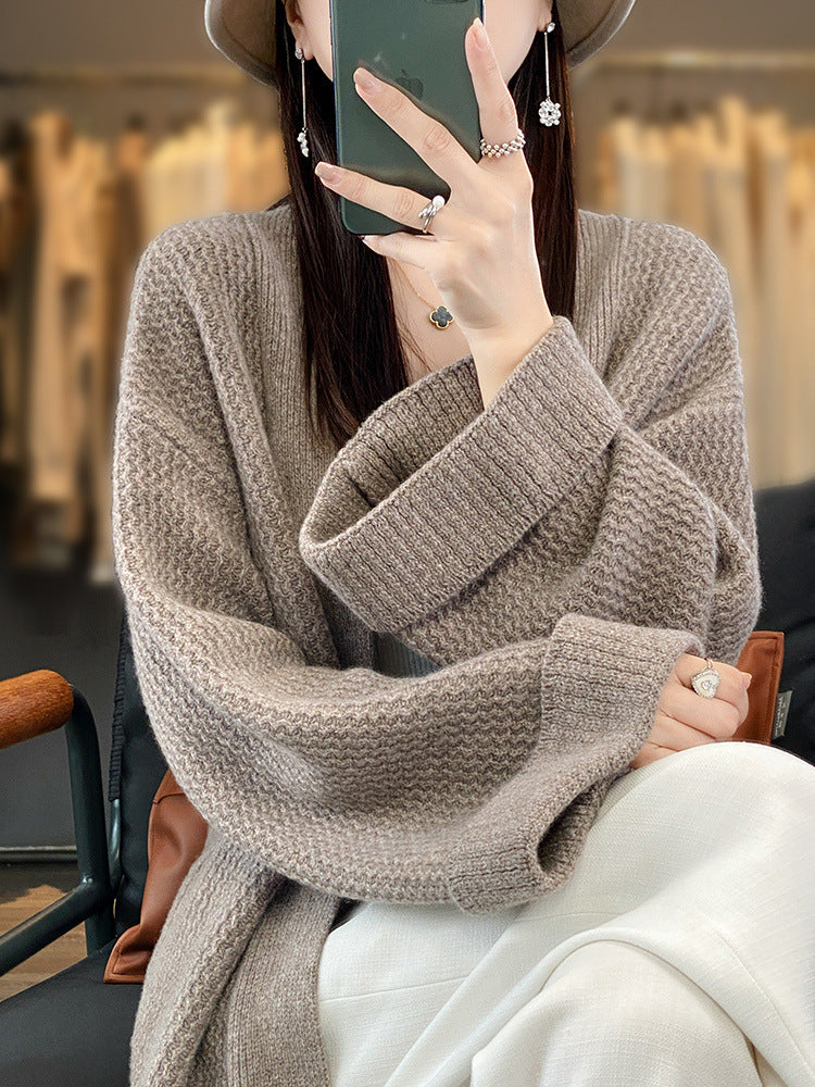 Damen Langer Oversize-Strickcardigan mit Strukturmuster und aufgesetzten Taschen Drune
