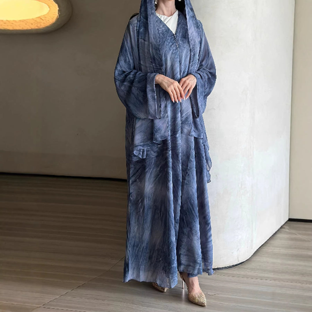 Damen nan langes fließendes Kapuzenkaftan Kleid mit weitem Arm und mehrlagigem Chiffon Drune