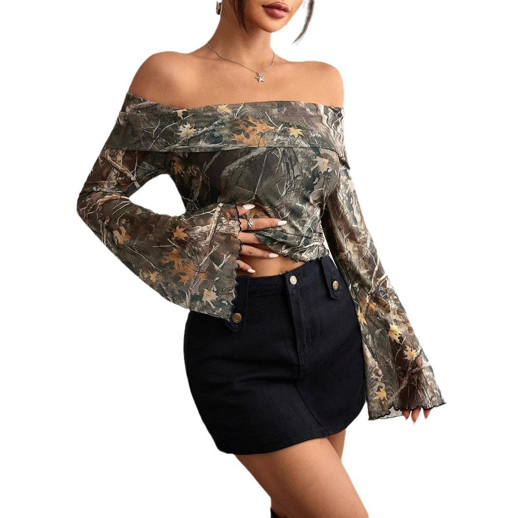 Damen nan schulterfreies Langarm-Top mit Camouflage-Blattmuster und ausgestellten Ärmeln Drune