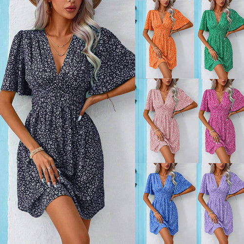 Damen Sommerkleid mit V-Ausschnitt, geraffter Brustpartie und Flügelärmeln Drune