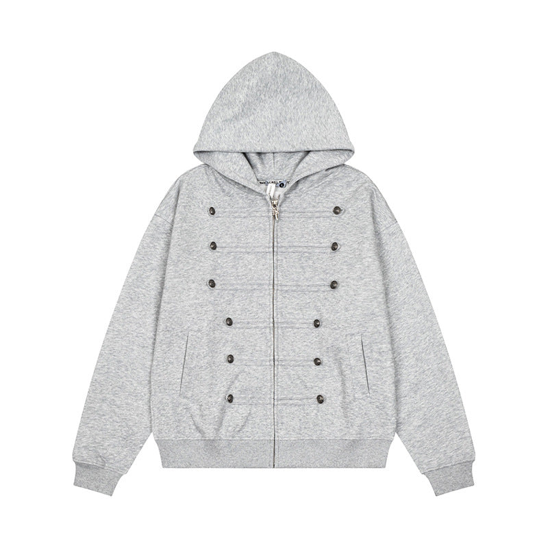 Damen Kapuzen-Sweatjacke mit dekorischer Doppelknopfleiste und Reißverschluss Drune