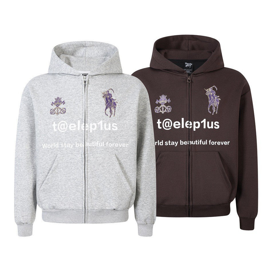 Unisex Kapuzen‑Zipjacke mit gestickten Wappen und Frontprint Drune