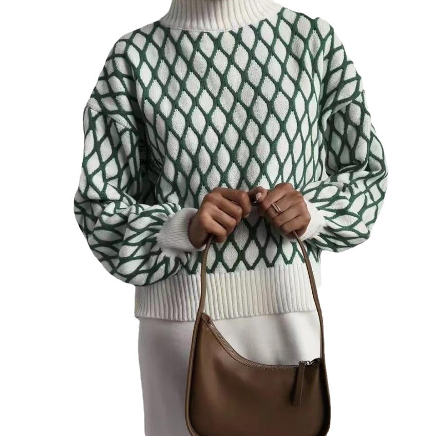 Damen Oversize Strickpullover mit Rautenmuster und Stehkragen Drune