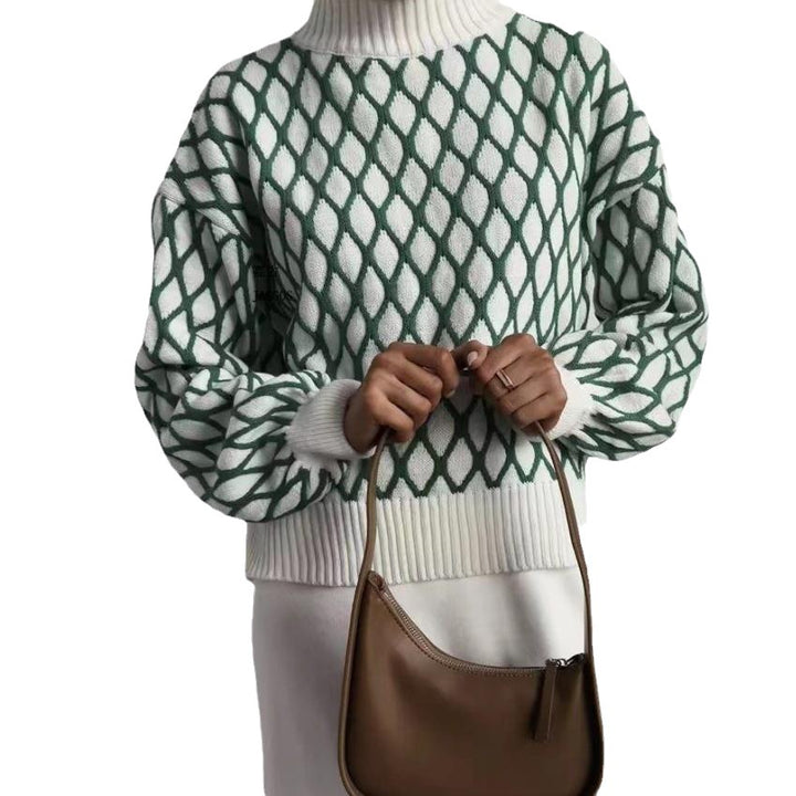Damen Oversize Strickpullover mit Rautenmuster und Stehkragen Drune