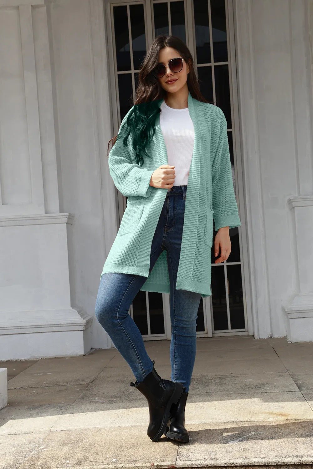 Damen lässiger Strickmantel mit offenen Vorderteilen und tiefen Taschen Drune