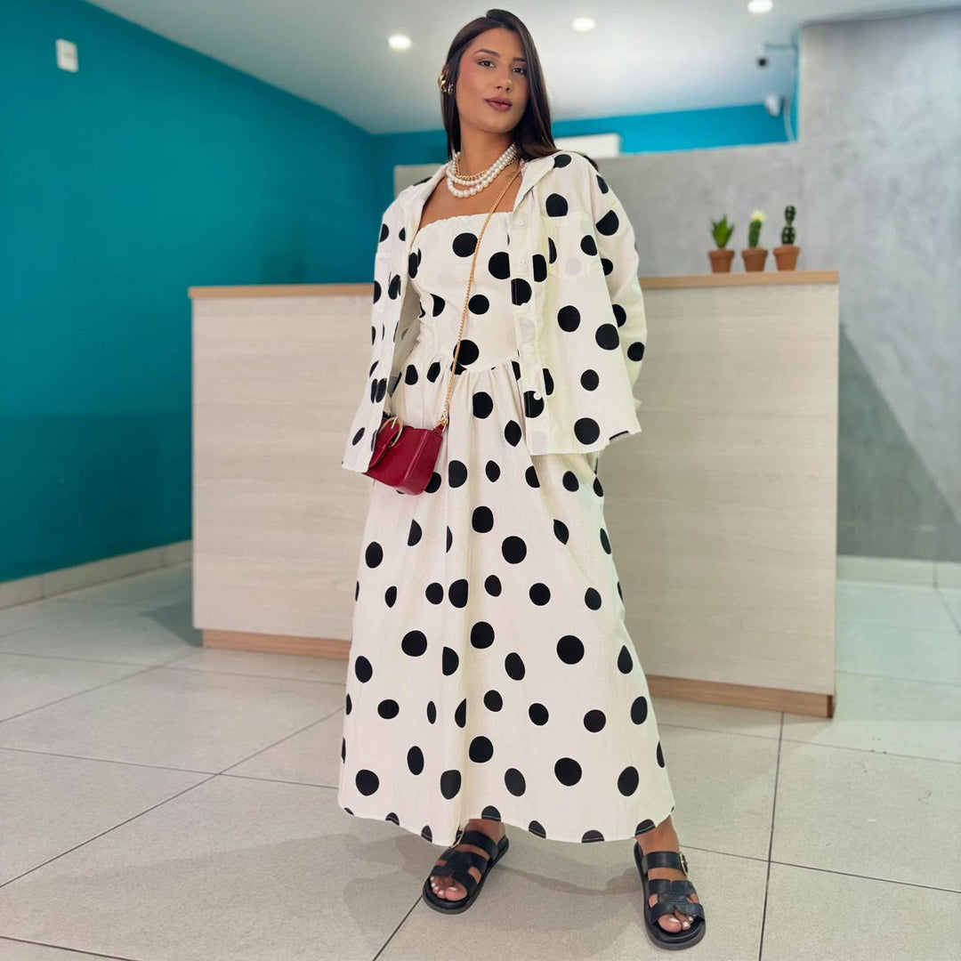 Damen Maxikleid mit stilvollem Punktedesign und lässigem Sakko Drune