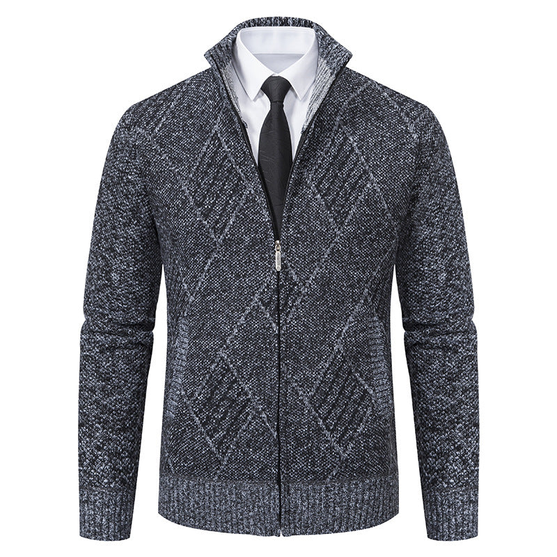 Herren Feinstrick-Zipjacke mit strukturierter Rautenoptik, Stehkragen und durchgehendem Reißverschluss Drune