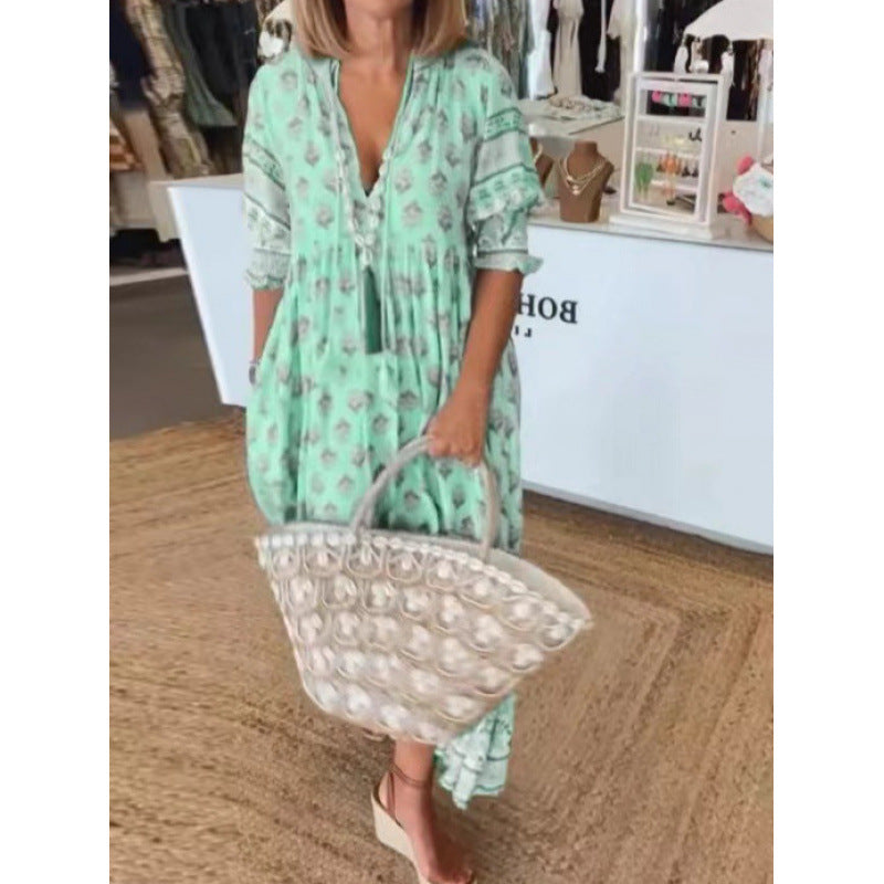 Damen Boho-Stil Kleid mit geflochtener Schnürung und handgefertigten Details Drune