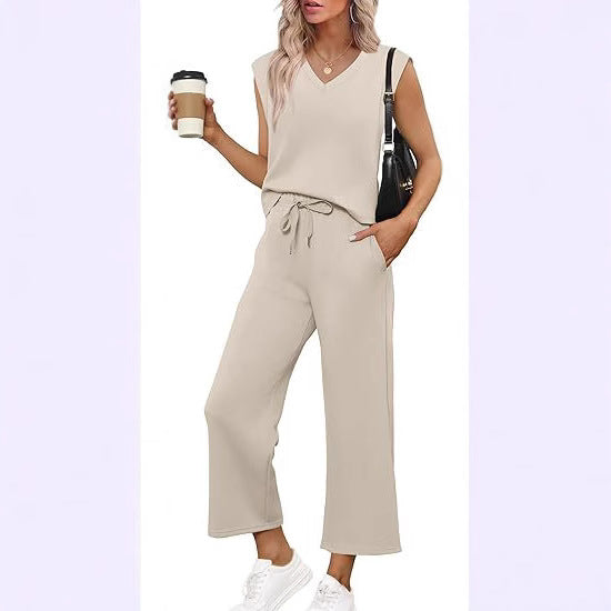 Damen Lässiges Zweiteiliges Lounge-Set mit Ärmellosem V-Neck-Top und Weiten Kordelbund-Hosen Drune