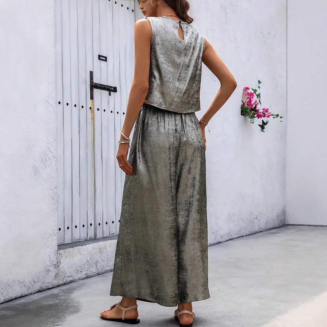Damen Glänzendes Set aus ärmellosem Oberteil und weitem Hosen Drune