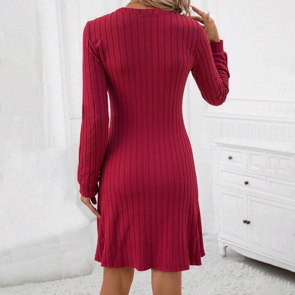 Damen geripptes Strickmidikleid mit V-Ausschnitt figurbetonter Taillenform und Ballonärmeln Drune