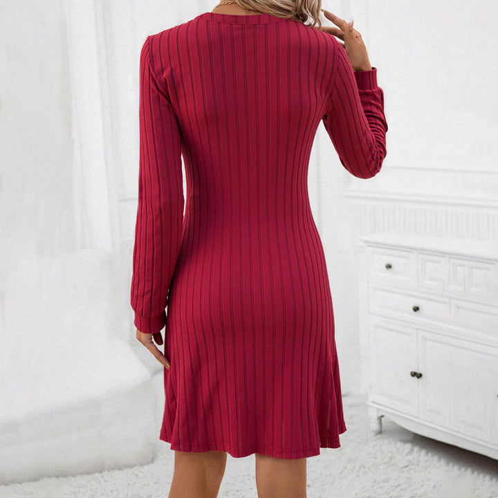 Damen geripptes Strickmidikleid mit V-Ausschnitt figurbetonter Taillenform und Ballonärmeln Drune