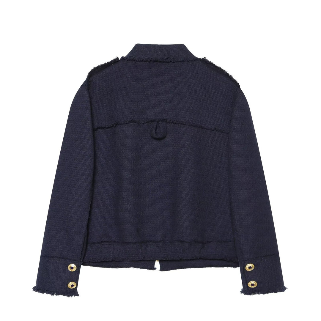 Damen Bouclé‑Tweed Kurzjacke mit Fransenbesatz, Schulterpatten und aufgesetzten Taschen Drune