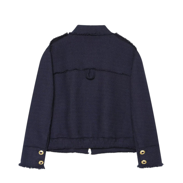 Damen Bouclé‑Tweed Kurzjacke mit Fransenbesatz, Schulterpatten und aufgesetzten Taschen Drune