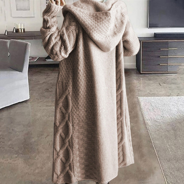 Damen Strickmantel mit Kapuze und Zopfmuster Drune