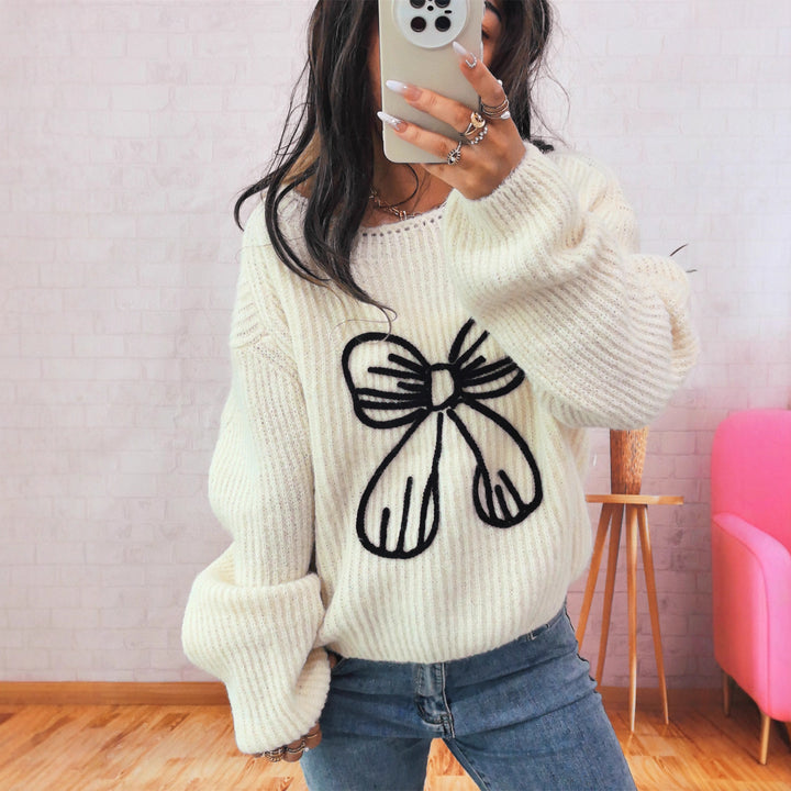 Damen Grobstrickpullover mit verspieltem Schleifenmotiv Drune