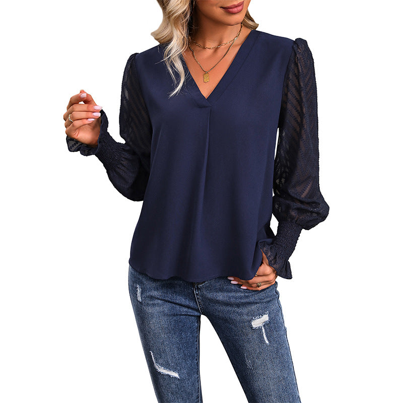 Damen Lockeres V-Ausschnitt-Chiffonblusenshirt mit transparenten Ballonärmeln und Smokbündchen Drune