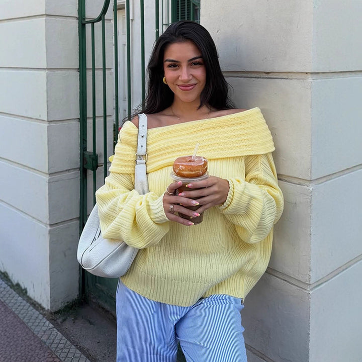 Damen Off-Shoulder Rippstrickpullover mit weitem Umschlagkragen Drune