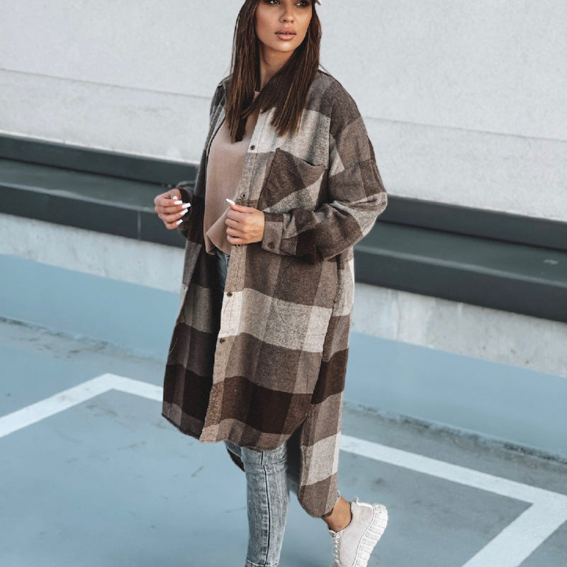 Damen Langer Karo-Wintermantel mit knöpfbarem Design und lockerer Passform Drune