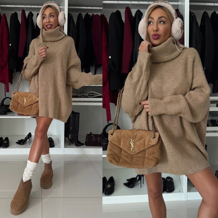 Damen oversized Rollkragen-Strickkleid mit weitem Schnitt, überschnittener Schulter und extraweichen Rippbündchen Drune