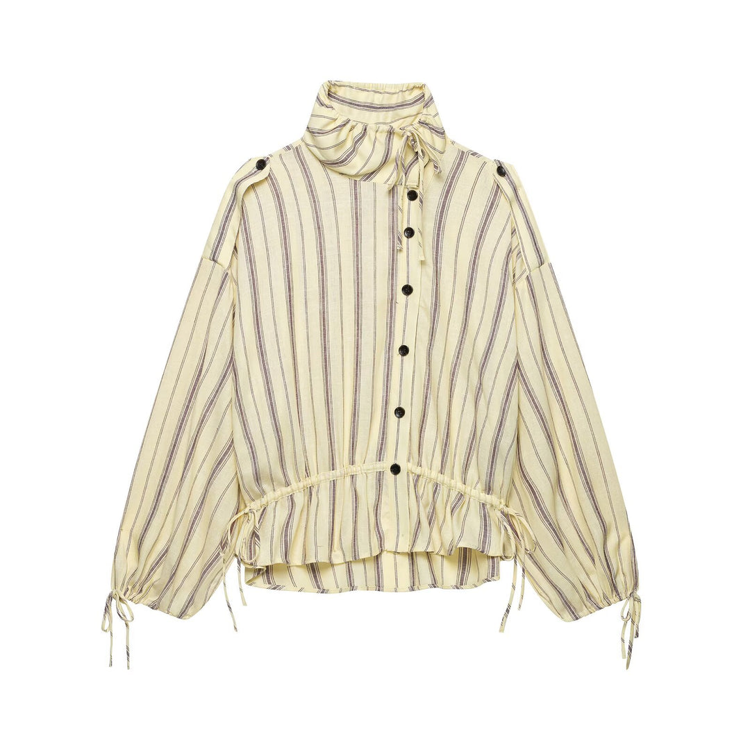 Damen Zweiteiliges gestreiftes Set aus Bluse mit Stehkragen und weiter Palazzohose Drune