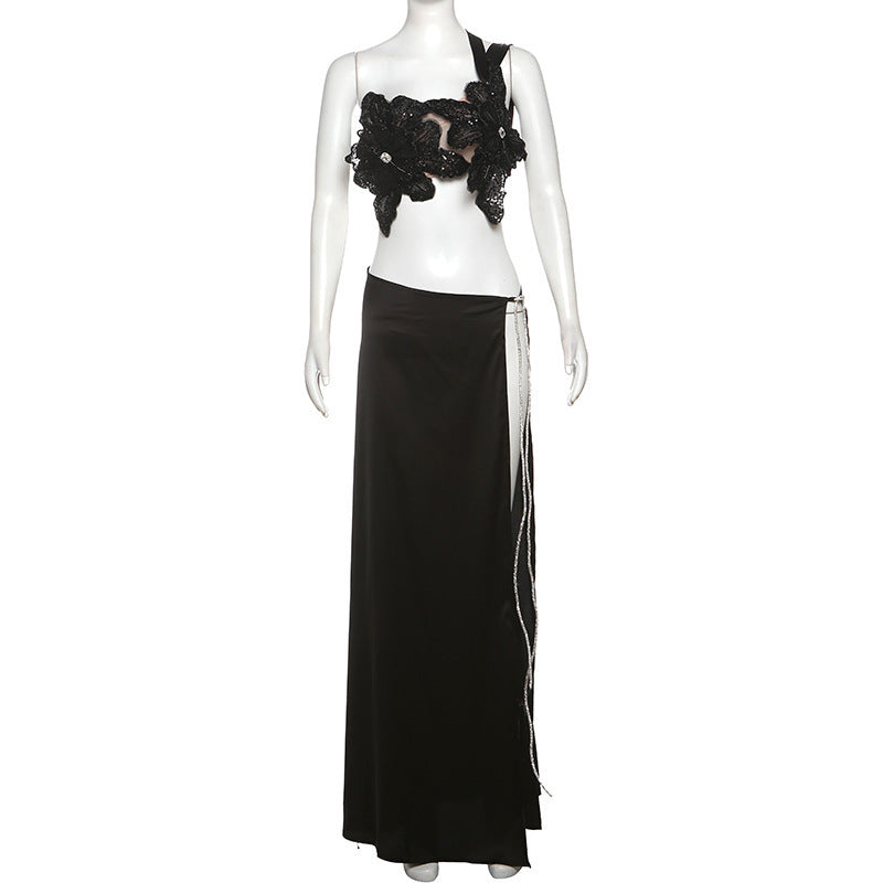 Damen Elegantes Abendkleid mit floralen Applikationen und schwingendem Tüllrock Drune