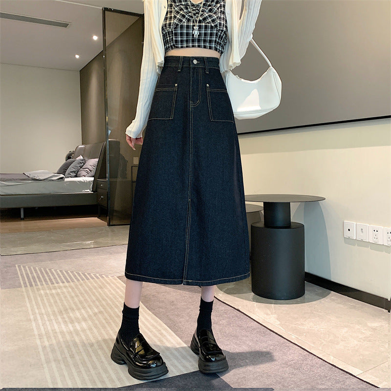 Damen Langer Denim-Rock mit praktischen Taschen Drune
