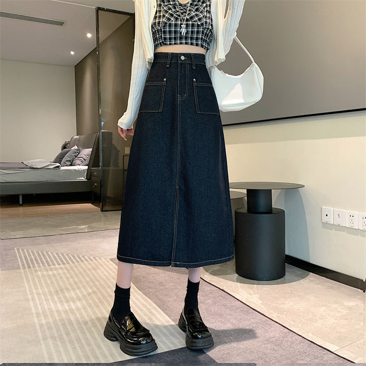 Damen Langer Denim-Rock mit praktischen Taschen Drune
