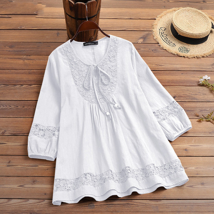 Damen Lässige Tunika-Bluse mit Häkelspitze, Bindekragen und dreiviertel Ärmeln Drune
