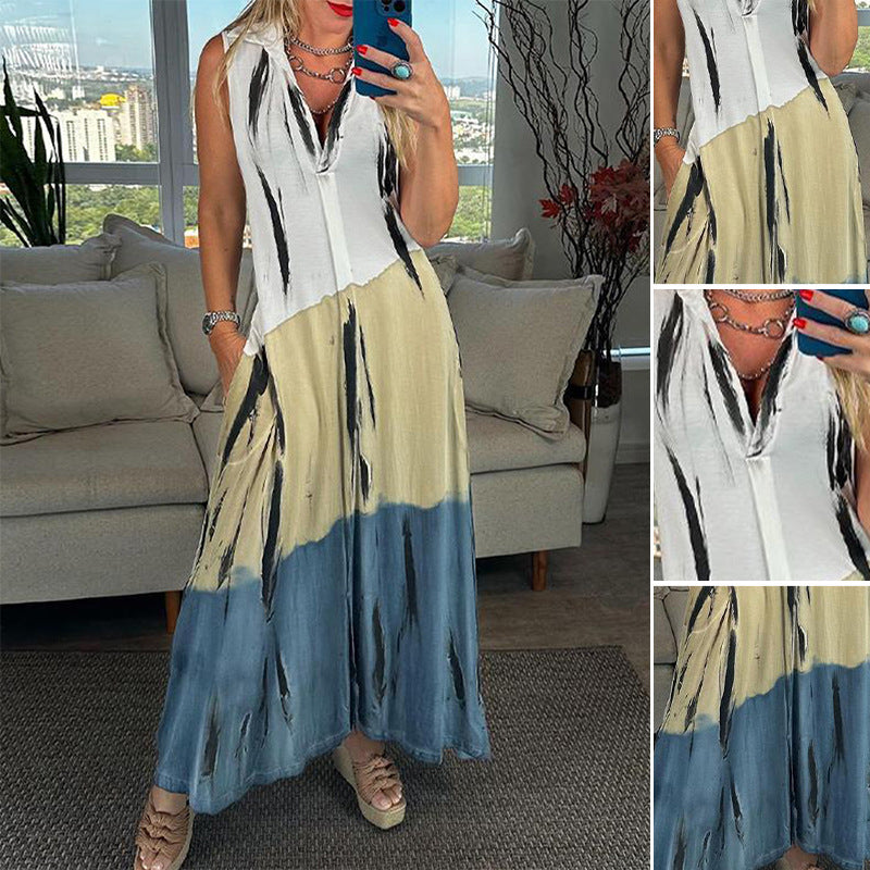 Damen nan ärmelloses Langkleid mit Hemdkragen, seitlichen Einschubtaschen und Pinselstreifenmuster Drune