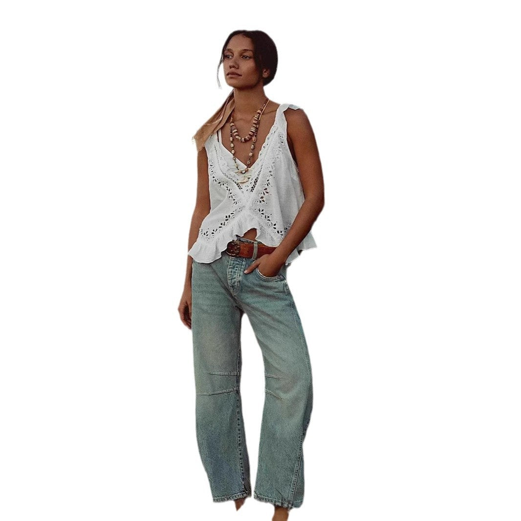 Damen luftiger Leinen-Crop-Top mit Rüschen Drune