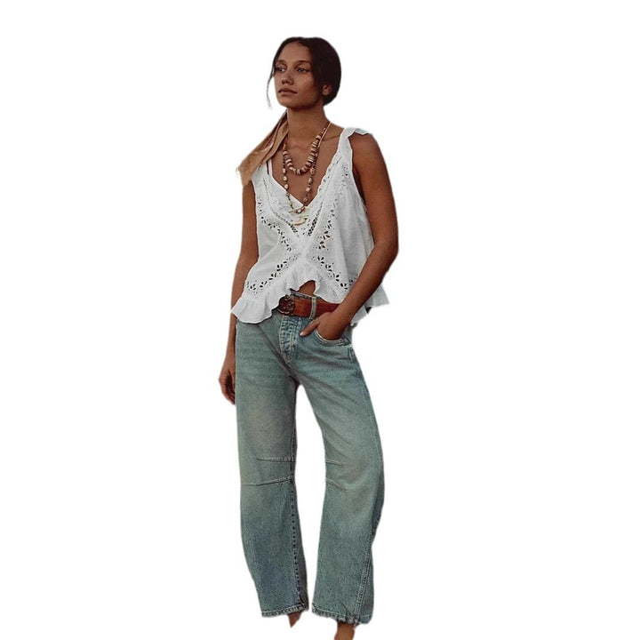 Damen luftiger Leinen-Crop-Top mit Rüschen Drune