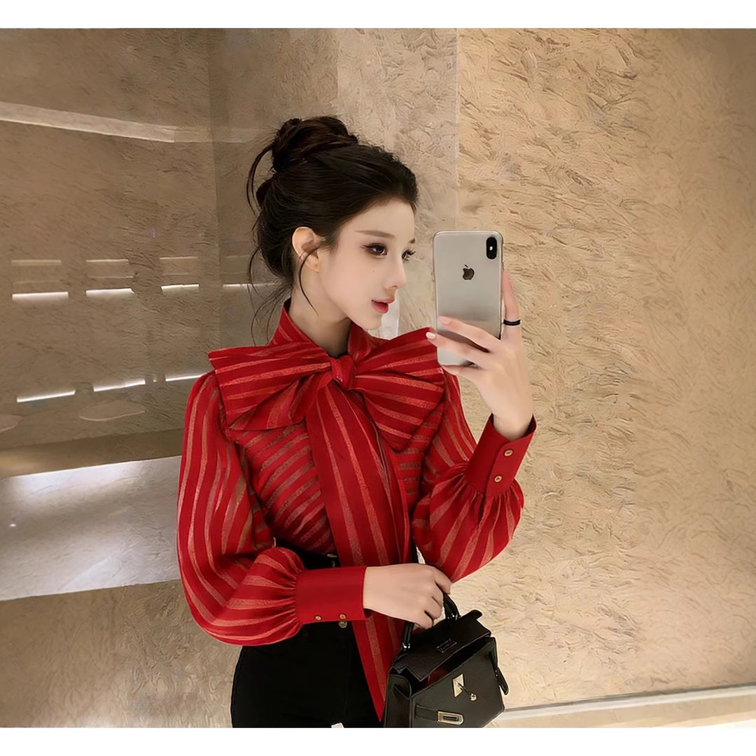 Damen Elegante Bluse mit voluminösem Schleifenkragen und trendigem Streifenmuster Drune