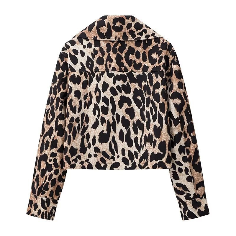 Damen nan cropped Übergangsjacke mit Leopardenmuster, durchgehendem Reißverschluss und aufgesetzten Pattentaschen Drune