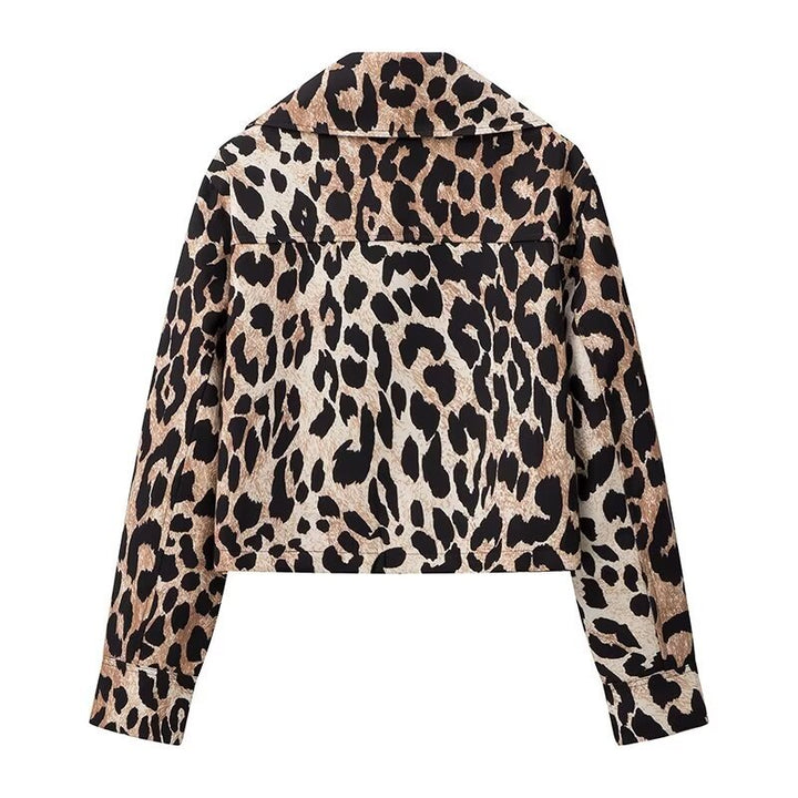 Damen nan cropped Übergangsjacke mit Leopardenmuster, durchgehendem Reißverschluss und aufgesetzten Pattentaschen Drune
